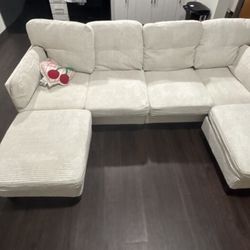 U-Shaped Sectional Sofa Couches, Corduroy Fabric 4-Seater Convertible Sectional Sofa With Movable