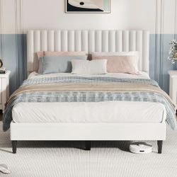 Queen Bed Frame with Upholstered Headboard, Velvet Platform Bed Frame Vertical Channel Tufted with Strong Wooden Slats Support, No Boxing S