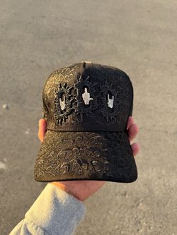 Black Skull Print Snapback Cap with Embroidered Patches