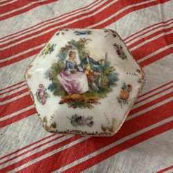 Vintage Dresden Hexagonal Ceramic Painted Trinket Box