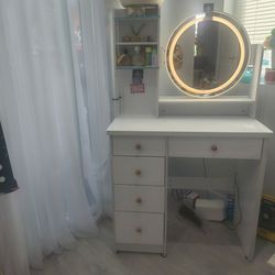 White Vanity Desk with LED Mirror and Drawers