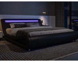 Black Faux Leather Platform Bed with LED Headboard