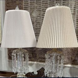 Vintage Hollywood Regency Bohemian Cut Crystal Dazzling Matched Glass Table Lamps Large