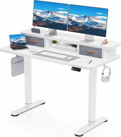 Electric Standing Desk with Dual Drawers, 48" x 24" Height Adjustable Desk Sit Stand Desk with Memory Controller, Casters & 2 Hooks, Low Noise Home Of