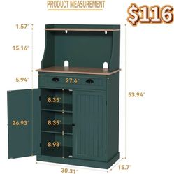 ✌️ 54" Kitchen Microwave Cabinet/Stand with Storage and Drawers, Green Pantry Storage Cabinet with Hutch & Adjustable Shelves for Kitchen, Dining Room