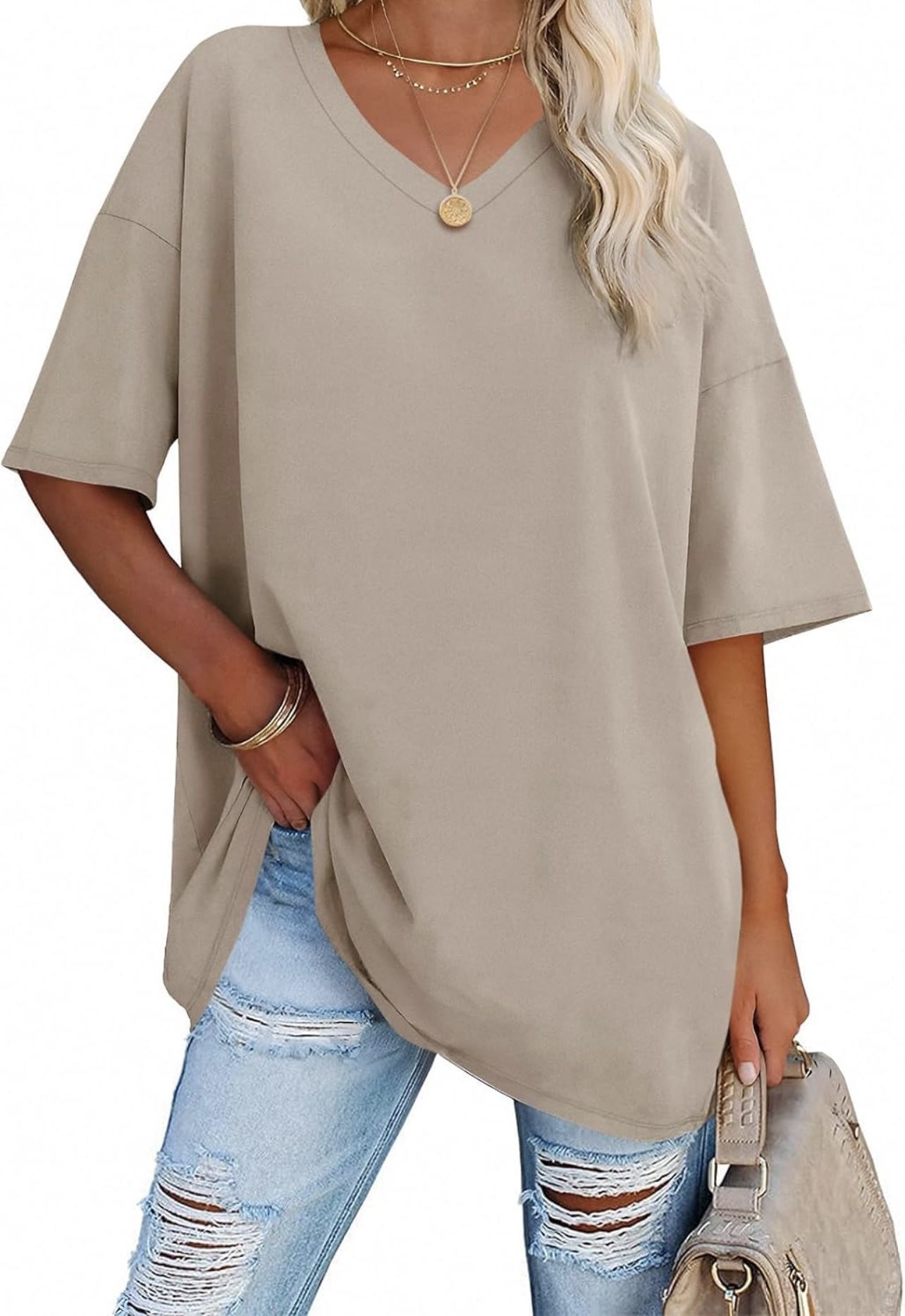 Ebifin Women's Oversized V-Neck T-Shirt Cotton Loose Fit Tunic Top, Khaki - NWT