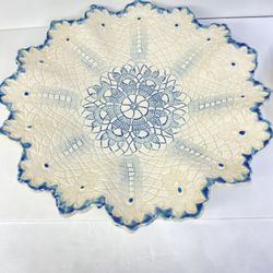Set of (2) Gorgeous! A Designer Creation By Catherine, Impressions in Clay Doily White & Blue Lace Decorative Dish Set. 