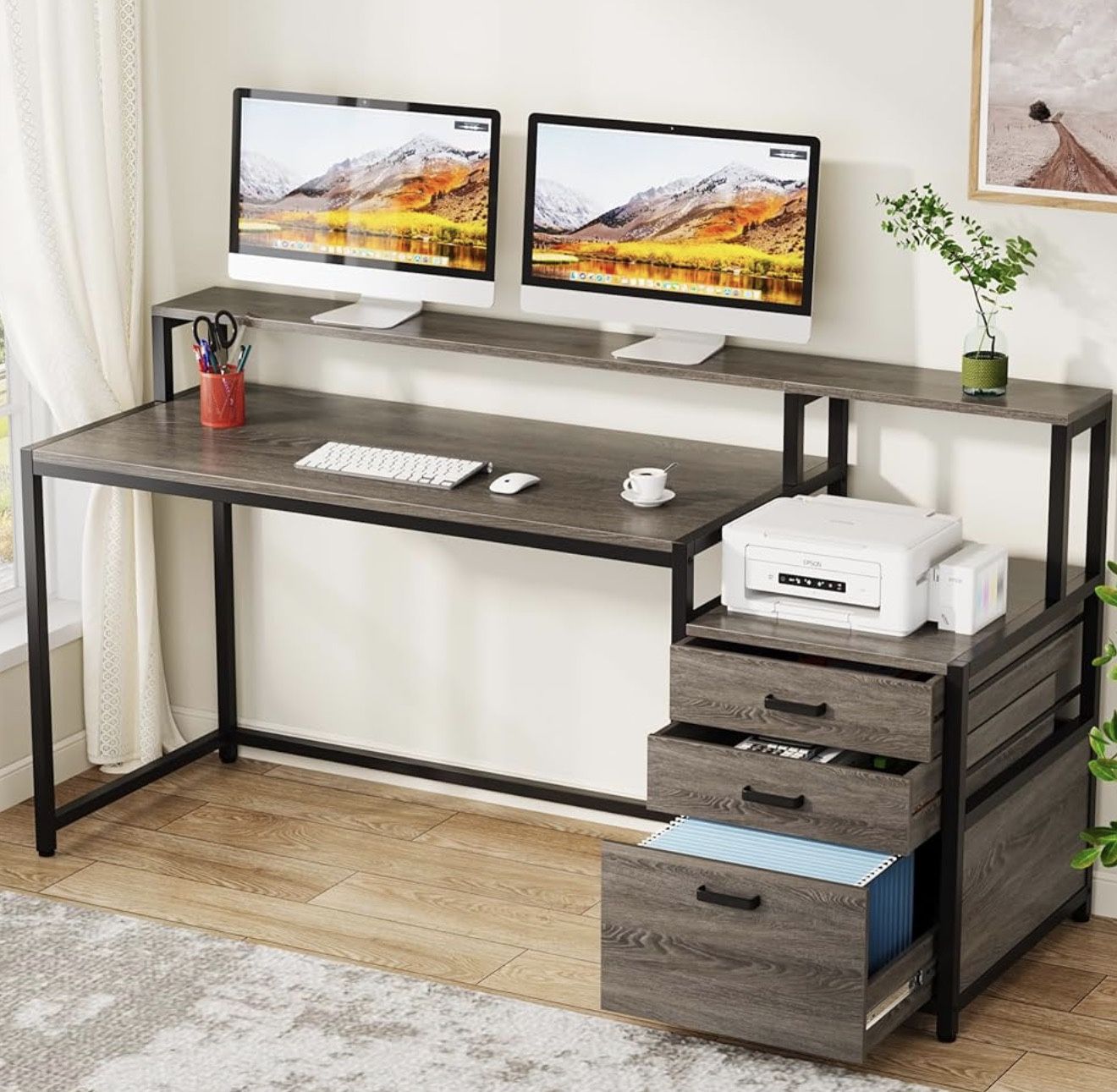 Tribesigns 63 Inch Computer Desk with File Drawer Cabinet, Ergonomic Office Desk with Monitor Stand, Industrial Computer Table with Printer Space, Woo