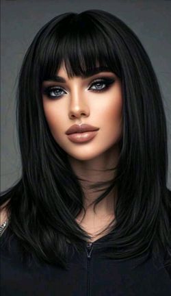 16 inch Medium Length Black wig with Bangs!