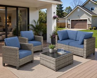 Outdoor Patio Furniture Set – Wicker Sofa Chairs & Coffee Table – Blue Cushions