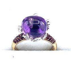 Vintage Gold 925 Amethyst Cabochon Ring and Pink Sapphire on Shoulder Size 7