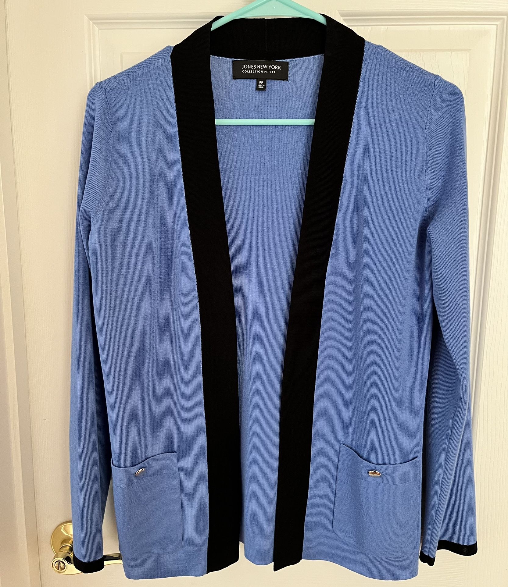 Jones New York Cardigan Blue Black Trim Open Front W Pockets Petite Small