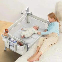 i Baby Bassinet with Changing Table, 5 in 1 Baby Bassinet Bedside Sleeper with Quick Collection Function and Storage Basket, 