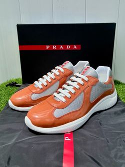 PRADA AMERICA’S CUP SNEAKERS ORANGE PAT. LEATHER SILVER TECH. FABRIC UK11.5 NEW