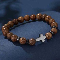 Men’s Wooden Beaded Bracelet with Cross Charm  Natural Boho Style