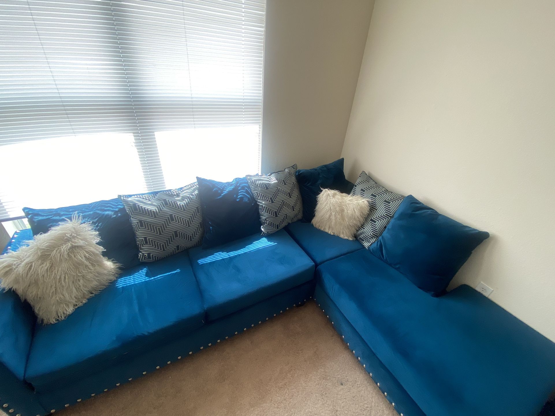 2 Piece Blue Velvet Sectional Couch Set