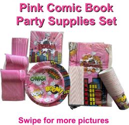 Pink Comic Superhero Party Supplies Set 24 Guests Plates Cups Napkins
