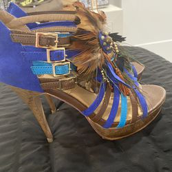 Ostrich Stiletto Heel Sandals Wood And Ostrich Colorful