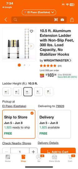 10.5 ft. Aluminum Extension Ladder with Non-Slip Feet, 300 lbs. Load Capacity, No Stabilizer Hooks