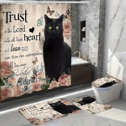4-pcs. Black Cat Shower Curtain Set