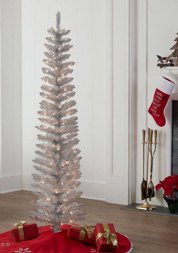 6' Pre-Lit Silver Tinsel Christmas Tree