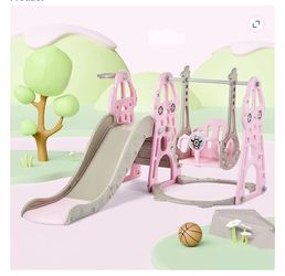 4-in-1 Toddler Slide and Swing Set with Extra Large Playground, Basketball Hoop & Climber, Indoor/Outdoor Playset, Taxi Collection - Pink