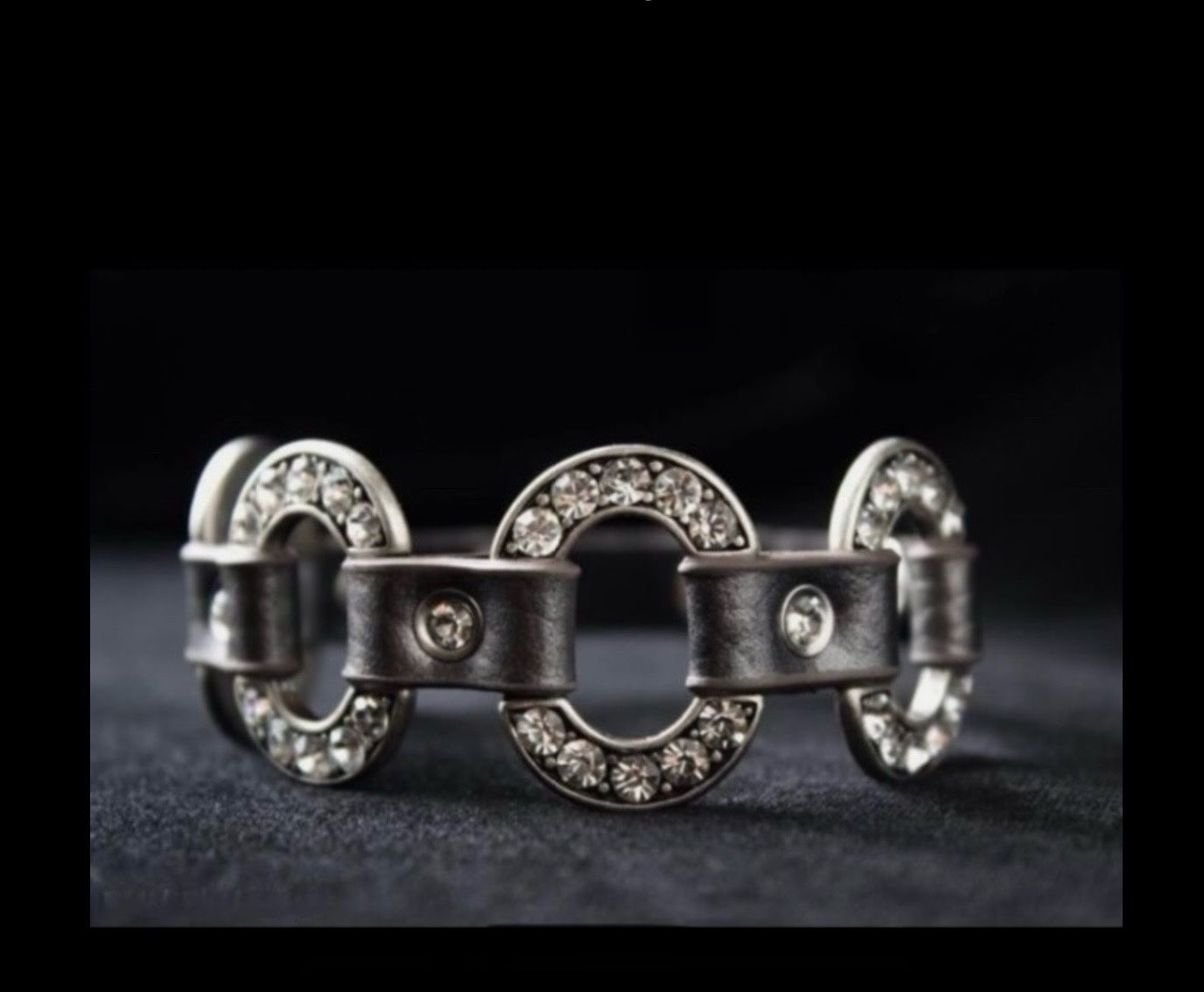 Distressed Silver w Crystal and Textured Leather Snap Bracelet