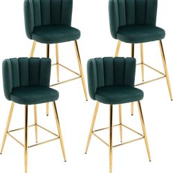 30'' Gold Bar Stools Set of 4 Velvet Bar Height Chairs with Back Upholstered Kitchen Counter Stools Modern Barstools for Breakfast/Dining 