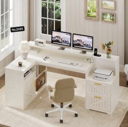 62.2" Farmhouse L Shaped Desk with Drawers with Storage Shelves and Power Outlet, L Shaped Computer Desk with Monitor Stand and Printer Shelf, White