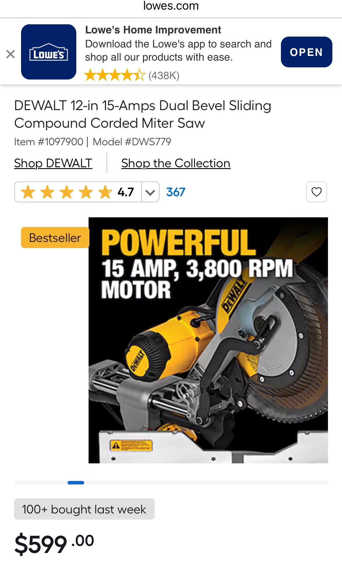 DEWALT 12-in 15-Amps Dual Bevel Sliding Compound Corded Miter Saw Item-Model #DWS779