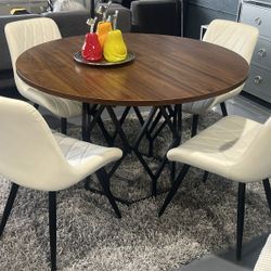 5 PIECE DINING TABLE SET BROWN WOODEN TOP BLACK BASE IFF WHITE LEATHERETTE CHAIR 48X48X30