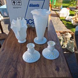 Milk Glass Hobnail Vase and Candleholder Set