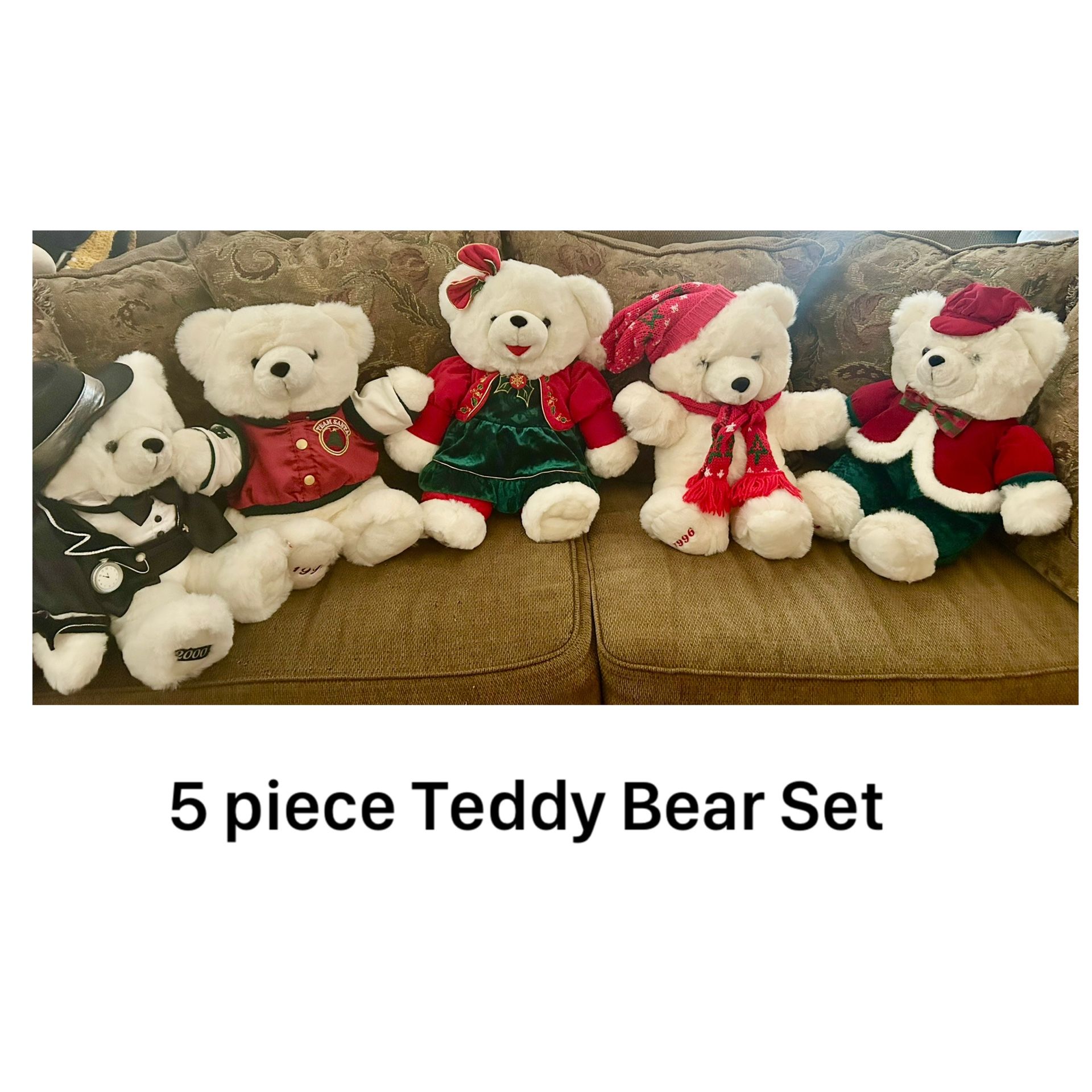 5 Piece Vintage White Teddy Bear Set