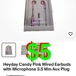 Wired Earbuds with Microphone 3.5 Mm Aux Plug Candy Pink