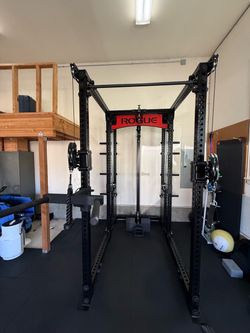 ROGUE FM-6 TWIN FUNCTIONAL TRAINER, matador, matador hanger, safety straps, band pegs, storage pins, cerakote pull up bar, stainless steel lat tower,