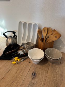 Lot of KITCHEN stuff. Teapot. Utensil holder. Can opener. Bowls. Spatulas and holder. Kitchen tools -