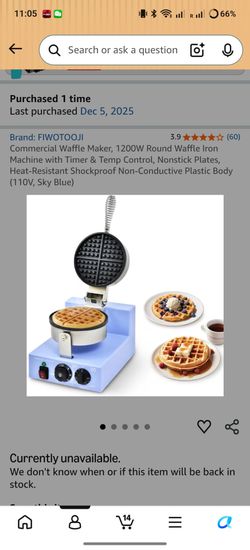 Commercial Waffle Maker, 1200W Round Waffle Iron Machine with Timer & Temp Control, Nonstick Plates, Heat-Resistant Shockproof Non-Conductive Plastic 