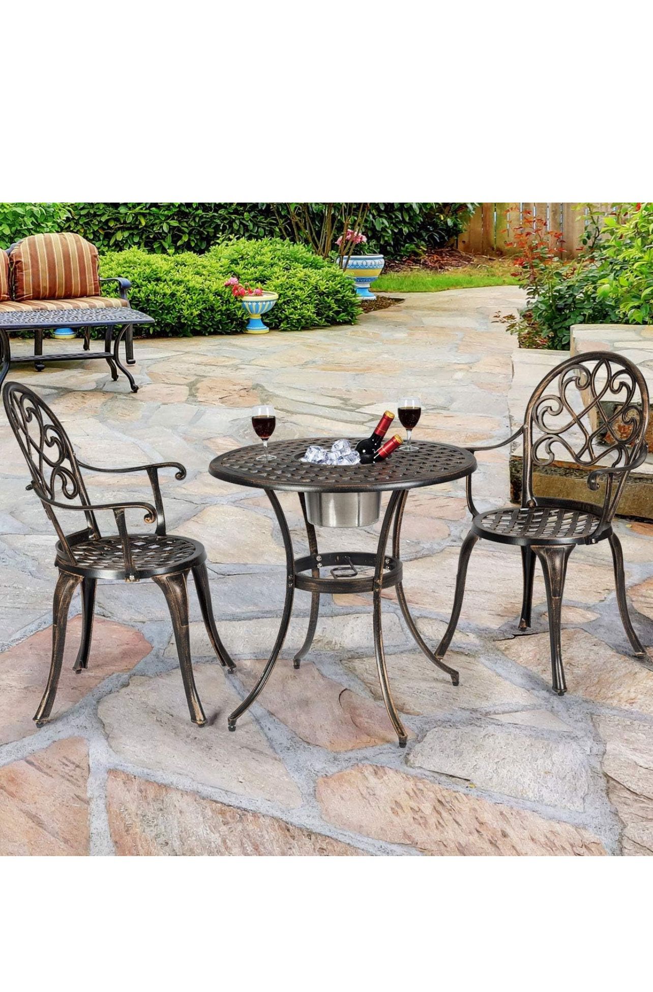 3pcs Bistro Table Set Cast Aluminum Outdoor Patio Furniture Set Round Table W/Removable Ice Bucket, 2 Chairs Antique Garden Furniture Weather Resistan