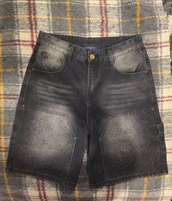 Designer Monogram Embossed Denim Carpenter Shorts
