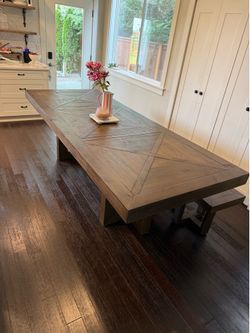 Staging Rustic Wood Parquet Dining Table with Matching Bench