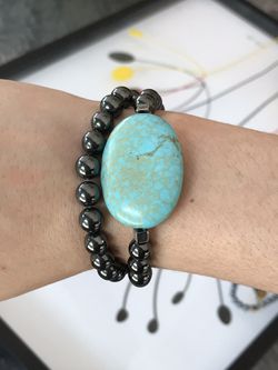 2 Pieces. Genuine Stone. Turquoise & Hematite. Stretch Bracelet. Brand New
