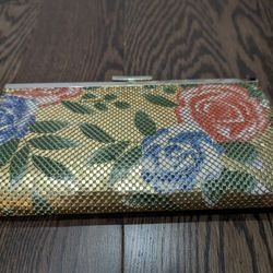 Gold Metal Mesh Purse With Flower Design 