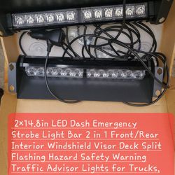  2×14.8in LED Dash Emergency Strobe Light Bar 2 in 1 Front/Rear Interior Windshield Visor Deck Split Flashing Hazard Safety Warning Traffic Advisor Li