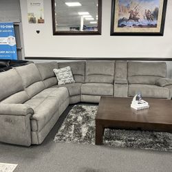 Gray Sofa Sectional w/ 3 Power Recliners & Wireless Charger 