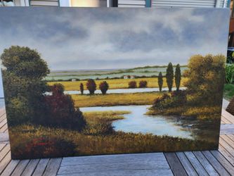 Large Vintage Impressionist Landscape Oil Painting Signed Countryside Impasto Framed Canvas 24x36