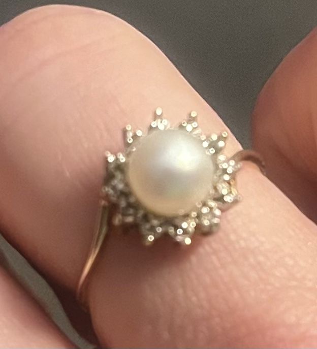14k Pearl Encrusted With Diamonds Vintage Cocktail Ring