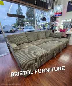 ❇️ Sectional Sofa Bed with Double Chaise,  Smoke Gray Color, Corduroy Fabric, New in the Box.