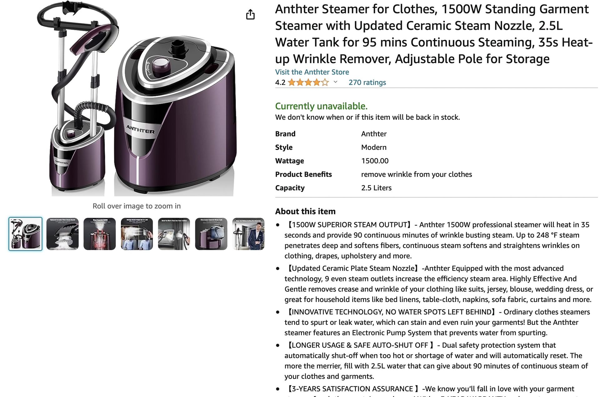 Anther Steamer for Clothes, 1500W Standing Garment Steamer with Updated Ceramic Steam Nozzle, 2.5L Water Tank for 95 mins Continuous Steaming, 35s Hea