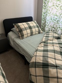 Twin Bed Frame with Grey Upholstered Headboard