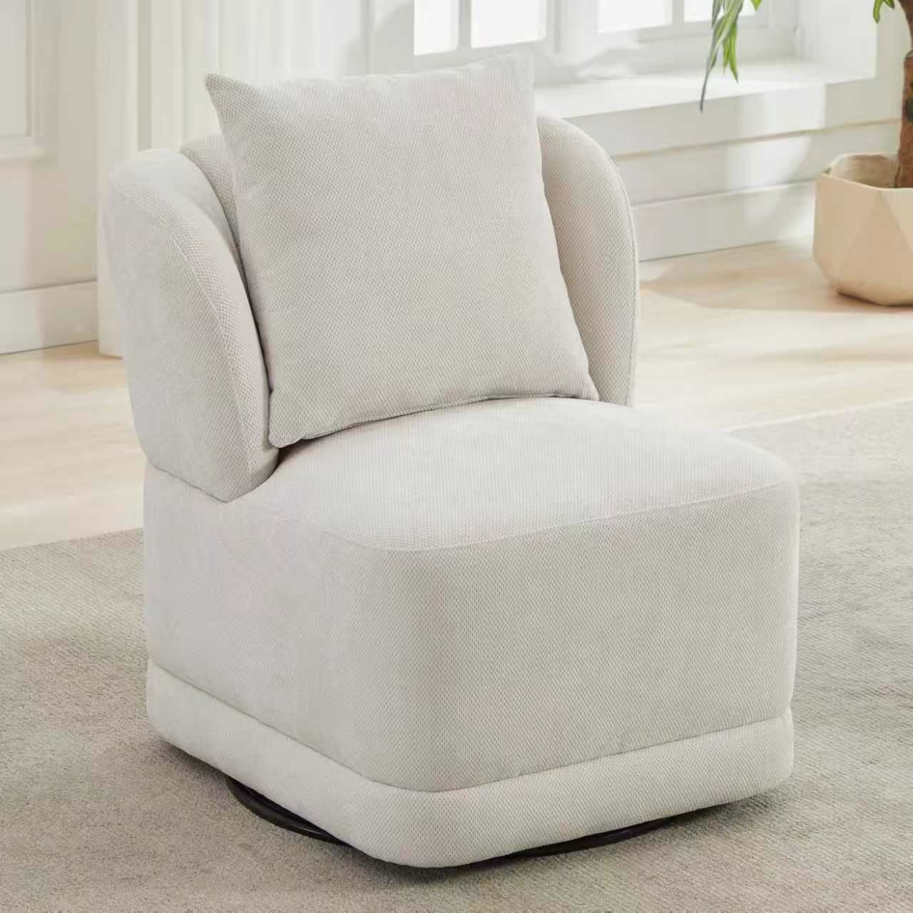 360° Swivel Accent Chair with Square Back Pillow,Modern Soft Chenille Fabric - Pearl Cloud White